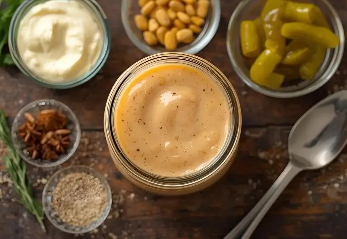 Homemade Big Mac Sauce in a jar with fresh ingredients including mayonnaise, relish, mustard, and spices, on a wooden background.