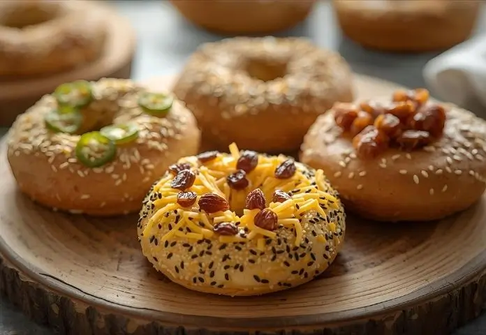 An assortment of freshly baked homemade bagels with different toppings displayed on a wooden board.