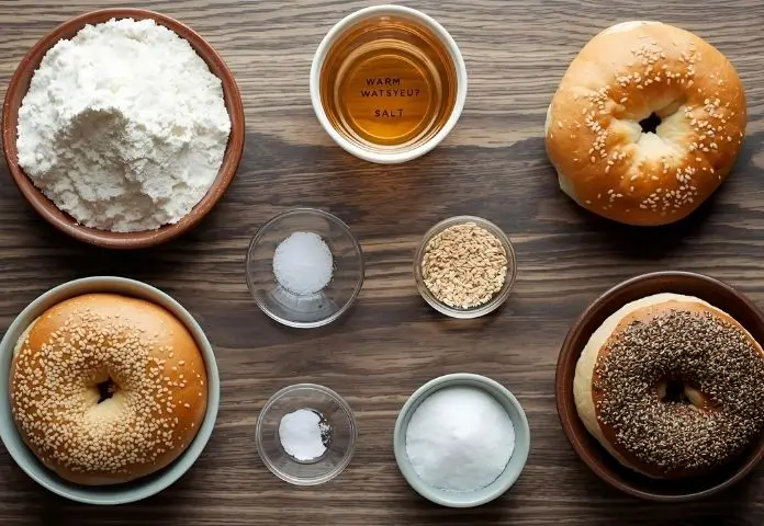 Flat lay of bagel recipe ingredients, including bread flour, yeast, water, malt syrup, salt, and sesame seeds.