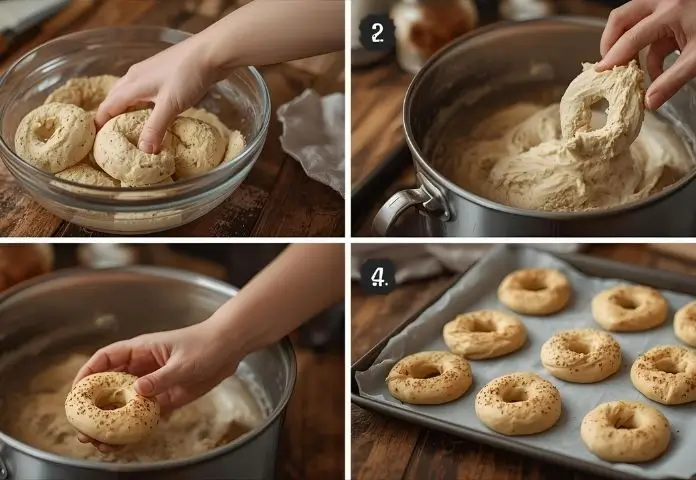 This is a step-by-step collage that shows the process of making homemade bagels, including the dough kneading, shaping, boiling, and baking stages.