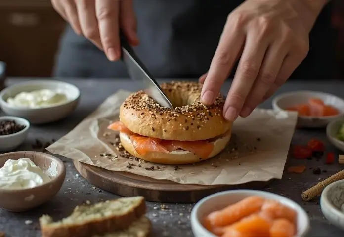 Close-up of a fresh homemade bagel being sliced, surrounded by bowls of tasty toppings and spreads.