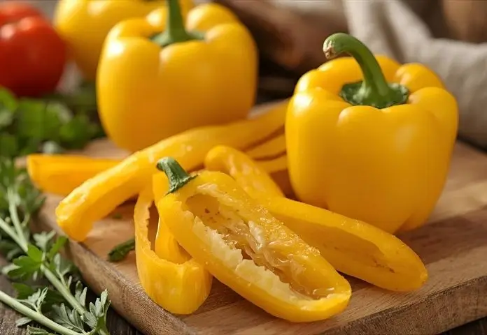 Fresh bright yellow banana peppers sliced on a wooden cutting board with fresh herbs, showcasing their crisp texture and vibrant color.