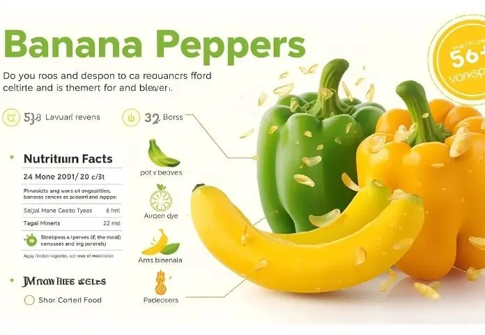 Infographic showing banana peppers alongside icons highlighting their key nutrition facts and health benefits.