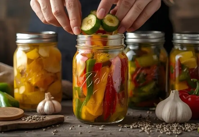 Freshly sliced banana peppers being packed into glass mason jars with garlic and mustard seeds for homemade pickling in a rustic kitchen.