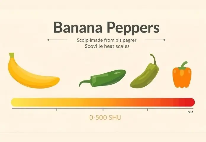 Infographic showing banana peppers on the Scoville Heat Scale with mild heat rating of 0-500, compared to jalapeños and bell peppers.