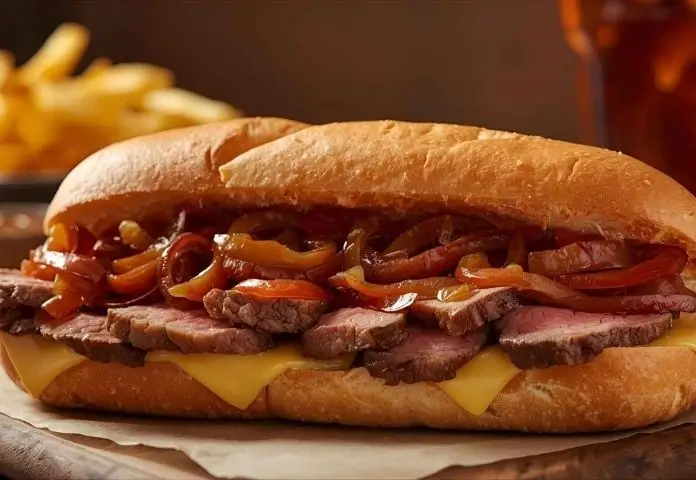 Close-up of a Philly Cheesesteak sandwich with ribeye steak, melted provolone cheese, caramelized onions, and toasted hoagie roll served with crispy fries.