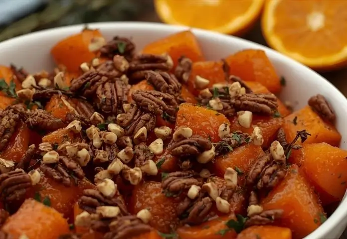 A close-up image of glazed sweet potatoes baked to perfection, sprinkled with toasted pecans and garnished with fresh thyme, set on a rustic wooden table with orange slices in the background.