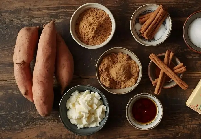 A rustic kitchen table spread with essential ingredients for making candied yams, including fresh sweet potatoes, brown and white sugar, cinnamon sticks, nutmeg, cloves, vanilla extract, and unsalted butter.