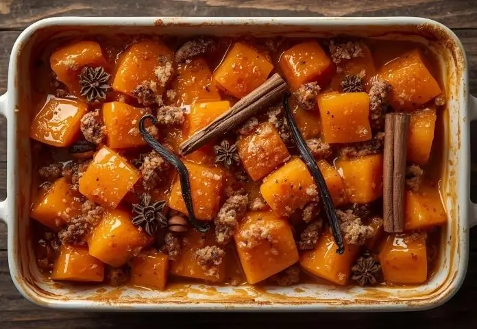 A close-up overhead image featuring a freshly baked dish of candied yams glazed with caramelized brown sugar and butter, accompanied by cinnamon sticks, nutmeg, and vanilla pods laid out on a rustic wood surface.