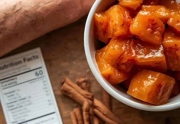 A bowl of shiny glazed candied yams is featured beside a clear nutrition facts label, surrounded by fresh sweet potatoes and cinnamon sticks on a rustic wooden table, illustrating essential details of a classic candied yams recipe.