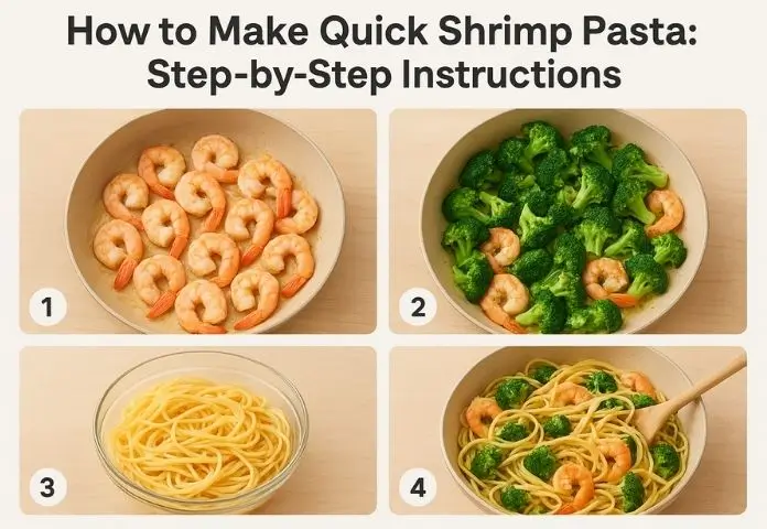 Step-by-step images showing boiling pasta, cooking shrimp with garlic, adding lemon juice, and a finished plate of shrimp pasta garnished with parsley.