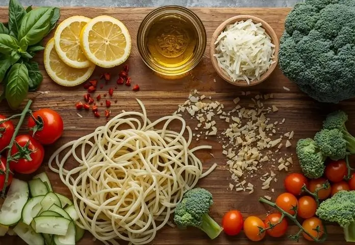 Fresh herbs, lemon slices, red pepper flakes, olive oil, Parmesan cheese, broccoli florets, cherry tomatoes, and spiralized zucchini noodles displayed for enhancing the flavor of broccoli pasta and making healthy swaps.