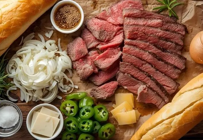 Ingredients for an authentic Philly Cheesesteak Recipe, including ribeye steak slices, caramelized onions, sliced green bell peppers, provolone cheese slices, white American cheese, and hoagie rolls, arranged on a rustic wooden surface.