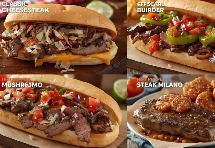 A collage of Philly Cheesesteak variations including classic ribeye with provolone, mushroom cheesesteak, pepper cheesesteak with green peppers, and steak milano with fried tomatoes, on rustic wooden backgrounds.