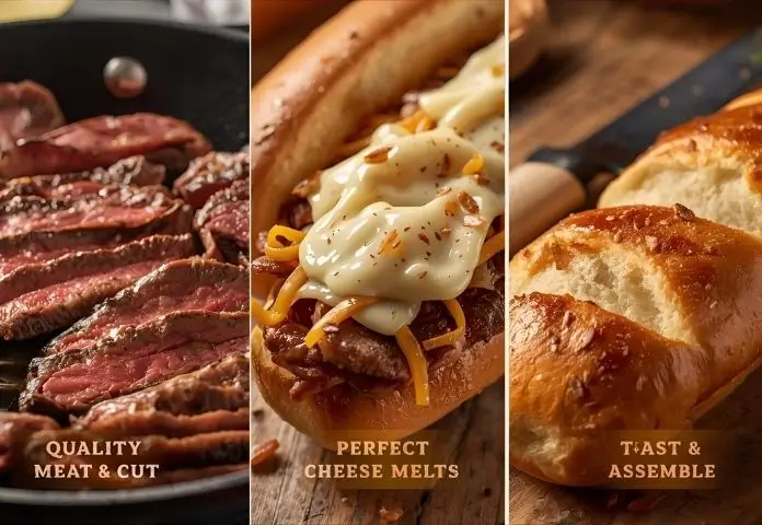 Close-up of thinly sliced ribeye steak cooking in a skillet with melted provolone cheese and toasted hoagie rolls on the side, illustrating key secrets to an authentic Philly Cheesesteak.