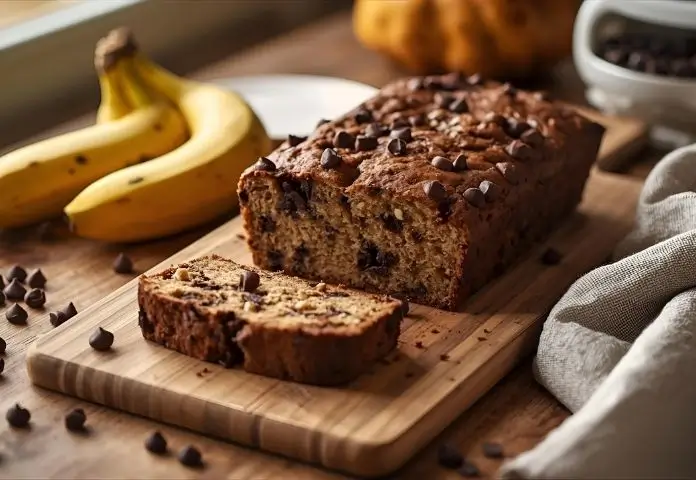 A freshly baked chocolate chip banana bread loaf on a rustic wooden cutting board, with ripe bananas and chocolate chips nearby in natural kitchen lighting.