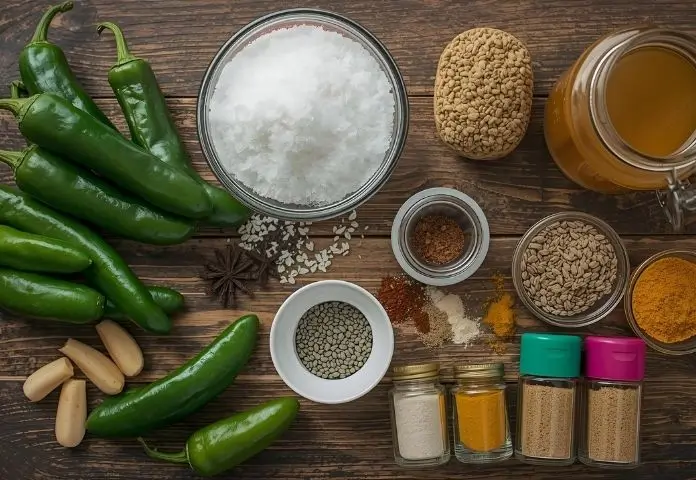 A flat sheet of fresh jalapeño peppers, sugar, apple cider vinegar, and spices for making the cowboy candy recipe is laid on a rustic wooden surface.
