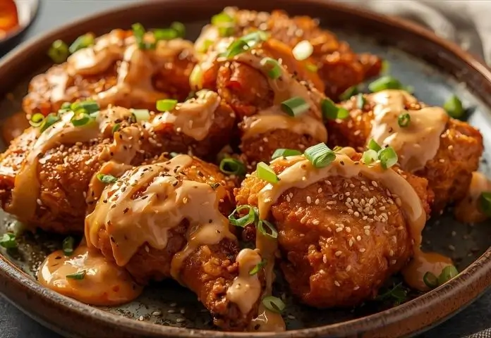 Crispy Bang Bang Chicken pieces coated in creamy spicy sauce, garnished with fresh green onions and sesame seeds, served on a rustic plate.