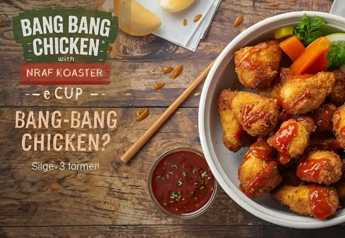 Crispy Bang Bang Chicken served with fresh vegetables and spicy sauce on a rustic plate.