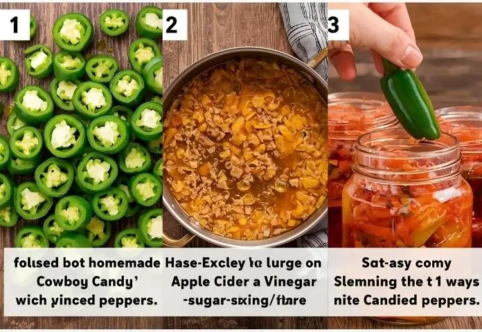 Step-by-step images showing the process of making homemade cowboy candy with sliced jalapeños, syrup boiling in a pot, and jars filled with candied peppers.