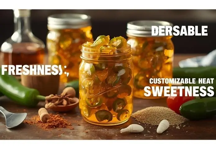 ars of homemade cowboy candy surrounded by fresh jalapeños, spices, and syrup ingredients illustrating the benefits of making cowboy candy at home.