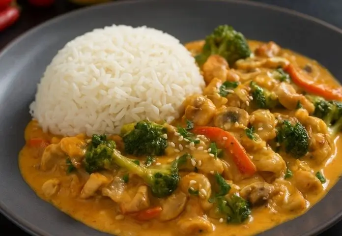 A delicious, colorful dish of Broccoli Chicken Rice Casserole garnished with herbs, showcasing a hearty and inviting comfort meal.