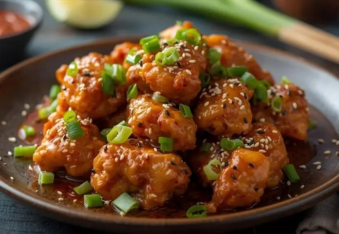 Crispy Bang Bang Chicken with creamy sauce, garnished with green onions and sesame seeds on a rustic plate.