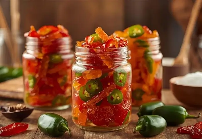 Jars of homemade cowboy candy with bright candied jalapeño slices in a rustic kitchen setting.