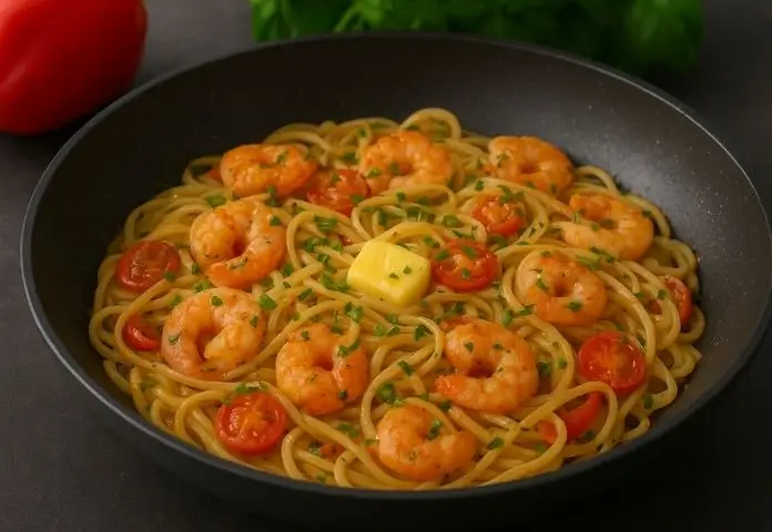The image captures a close-up of creamy lemon garlic shrimp pasta, accompanied by linguine, juicy shrimp, cherry tomatoes, and parsley, all arranged in a white bowl alongside a lemon wedge.