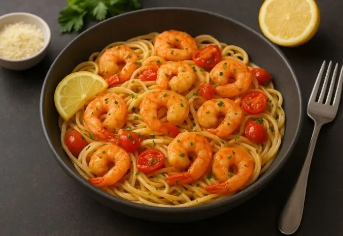 I plated lemon garlic shrimp pasta with a side salad and nutrition icons showing protein, carbs, and fats.