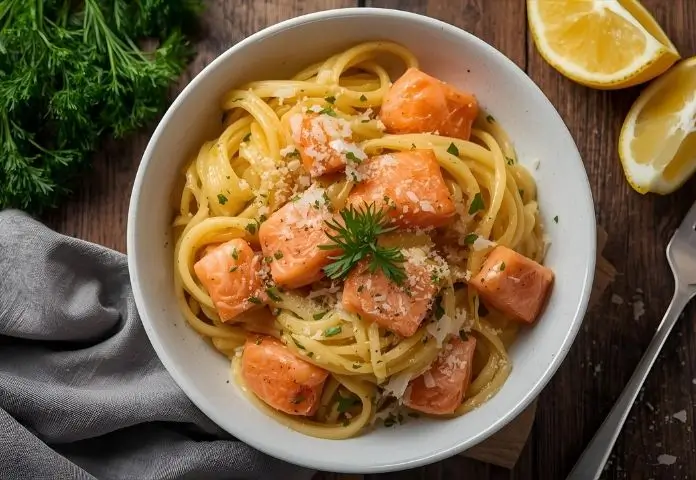 Bowl of creamy salmon pasta without cream, topped with fresh herbs and Parmesan cheese, with lemon wedges on the side.