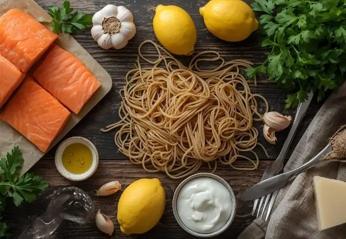 Core ingredients for salmon pasta without cream including fresh salmon, whole wheat pasta, garlic, shallots, lemon, parsley, olive oil, Parmesan cheese, and Greek yogurt on a wooden table.
