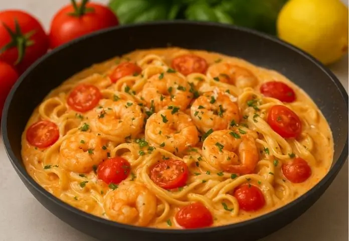 Creamy garlic shrimp pasta served in a white bowl, topped with fresh parsley and grated Parmesan cheese, placed on a rustic wooden table.