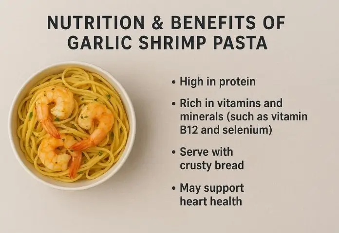 Garlic shrimp pasta garnished with fresh parsley and lemon wedges, showcasing a nutritious and vibrant meal.
