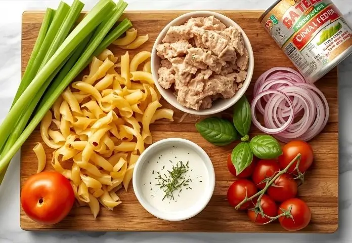 Prepare the essential ingredients for tuna pasta salad, which include pasta, canned tuna, celery, red onion, cherry tomatoes, and creamy dressing, all on a wooden board.