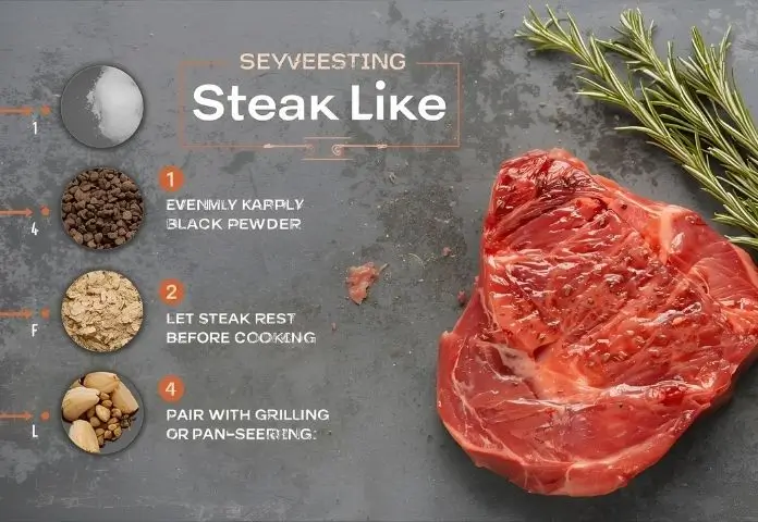 Ingredients and tips for how to season steak like a pro featuring salt, pepper, garlic powder, fresh herbs, and a raw steak.