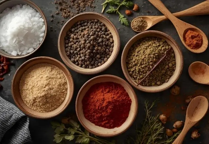Bowls of simple homemade steak seasoning blends with coarse salt, black pepper, garlic powder, smoked paprika, and chili flakes on a rustic wooden surface.