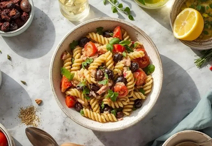 The colorful tuna pasta salad is surrounded by sun-dried tomatoes, olives, roasted red peppers, fresh herbs, and a citrus vinaigrette dressing.