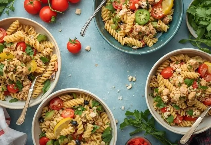 There are bowls of healthy tuna pasta salad variations with colorful vegetables, chickpea pasta, and light creamy dressings.