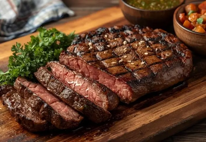Grilled picanha steak with crispy fat cap served on a rustic wooden board, accompanied by traditional Brazilian farofa and chimichurri sauce