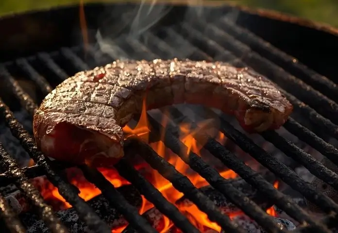 Picanha steak grilling over open charcoal flames, crescent-shaped with visible thick fat cap sizzling on the grill