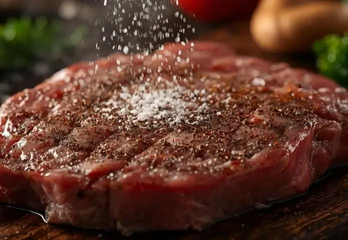 Close-up image of a picanha steak being seasoned with coarse salt and dry spices on a wooden board in a rustic kitchen