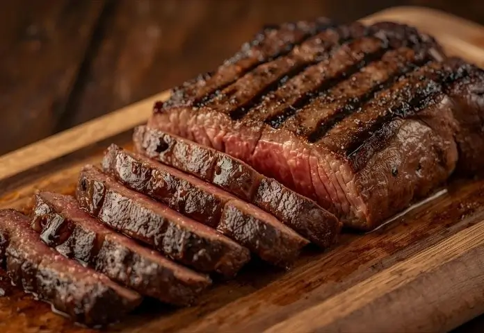 A sliced, perfectly grilled picanha steak with a crispy fat cap displayed on a wooden board in a rustic BBQ setting