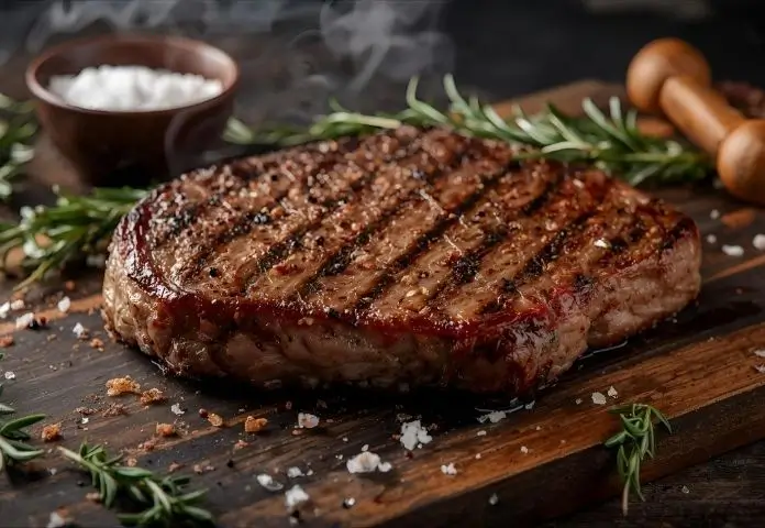 Perfectly seasoned grilled steak with fresh rosemary and thyme, coarse salt, and cracked pepper on a rustic wooden board.