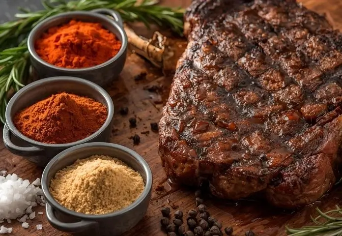 A variety of colorful steak rubs are displayed in bowls with fresh herbs, accompanied by a grilled steak with a crispy crust on a rustic board.