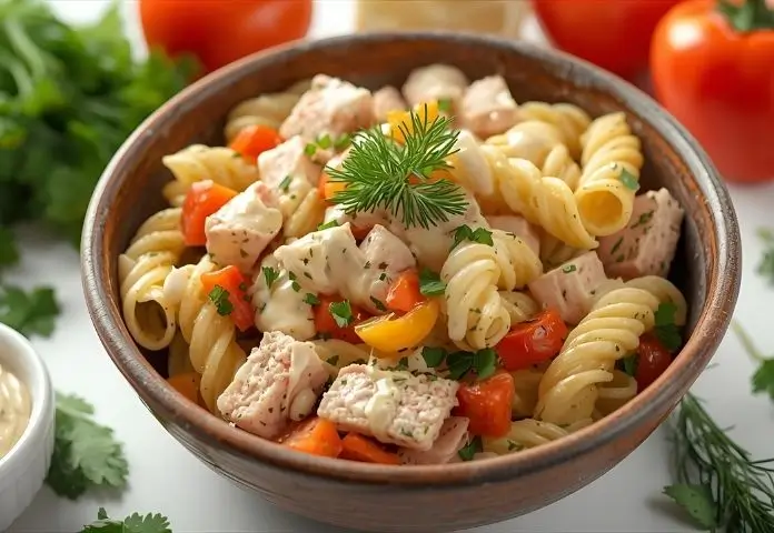 Colorful tuna pasta salad in a rustic bowl with fresh herbs and vegetables, dressed with creamy sauce, displayed on a white background.
